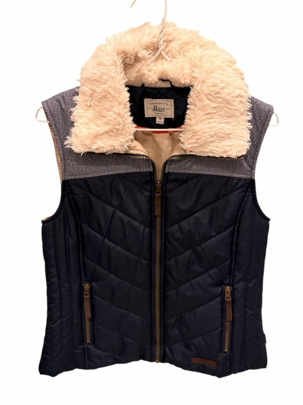 G.H. Bass Large Vest Full Zip Pockets Faux Fur Collar Size Medium